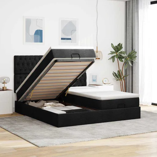 63 / 5,000 Estrutura de Cama Otomana com Colchões Tecido Preto