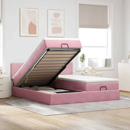Estrutura de Cama Otomana com Colchões 160x200 cm Veludo Rosa
