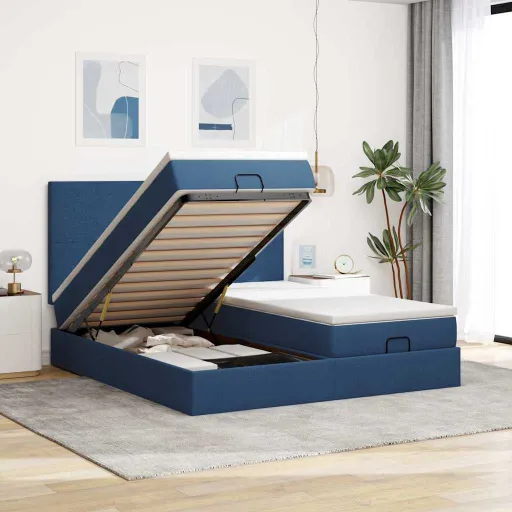 Estrutura de Cama Otomana com Colchões 160x200cm Tecido Azul