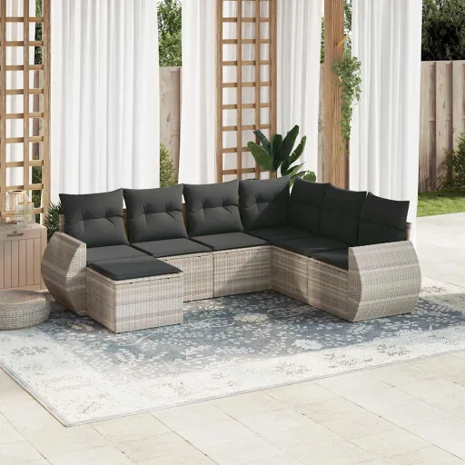 Conj. Sofás Jardim com Almofadões Vime PE Cinzento-Claro (7 pcs)