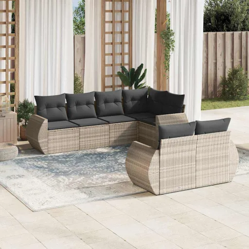 Conj. Sofás Jardim com Almofadões Vime PE Cinzento-Claro (7 pcs)