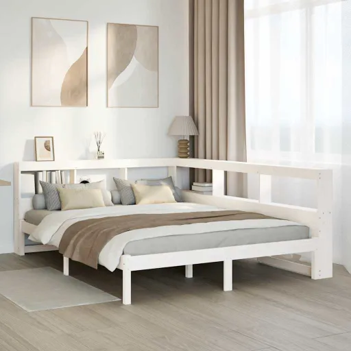 Cama com Estante Sem Colchão 140x190 cm Pinho Maciço Branco