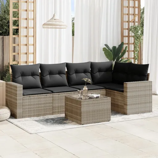 Conj. Sofás Jardim com Almofadões Vime PE Cinzento-Claro (6 pcs)