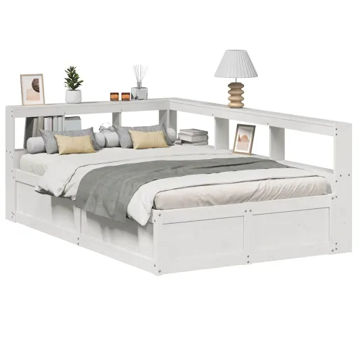 Cama com Estante Sem Colchão 160x200 cm Pinho Maciço Branco