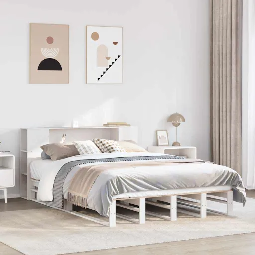 Cama com Estante Sem Colchão 150x200 cm Madeira Maciça Branco