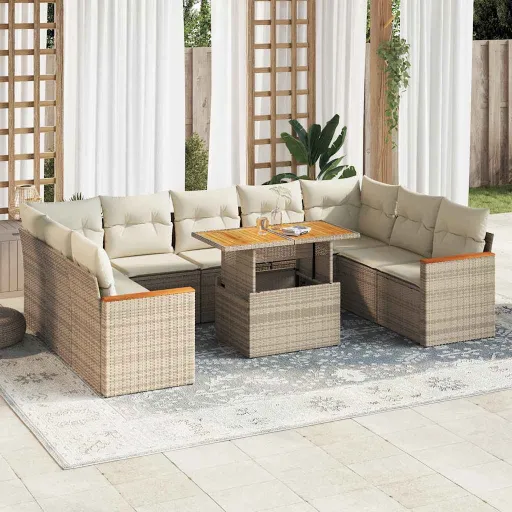 Conj. Sofás p/ Jardim c/ Almofadões Vime PE/Acácia Bege (10 pcs)