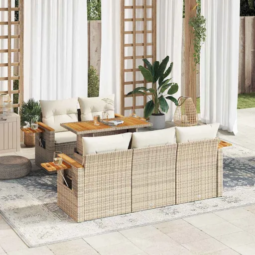 Conjunto Sofás Jardim com Almofadões Vime PE/Acácia Bege (6 pcs)