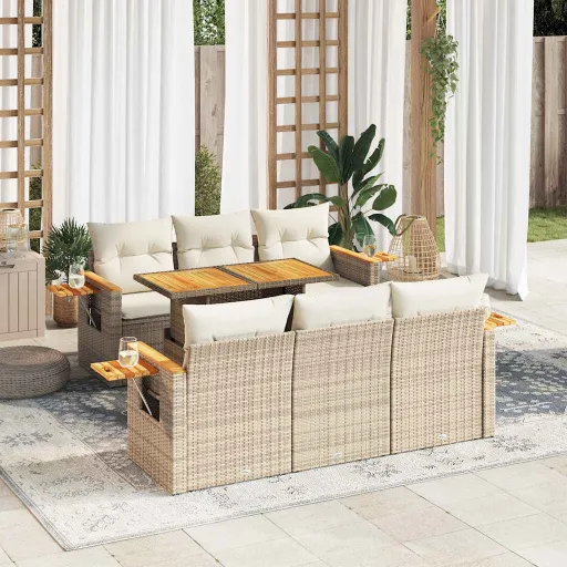 Conjunto Sofás Jardim com Almofadões Vime PE/Acácia Bege (7 pcs)