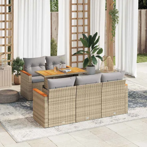Conjunto Sofás Jardim com Almofadões Vime PE/Acácia Bege (6 pcs)