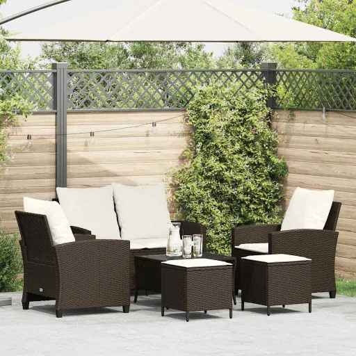 Conjunto de Sofás Jardim c/ Almofadões Vime PE Castanho (6 pcs)
