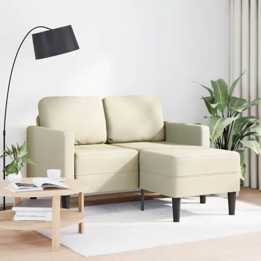 Sofá 2 Lugares com Chaise em L 125 cm Couro Artificial Creme