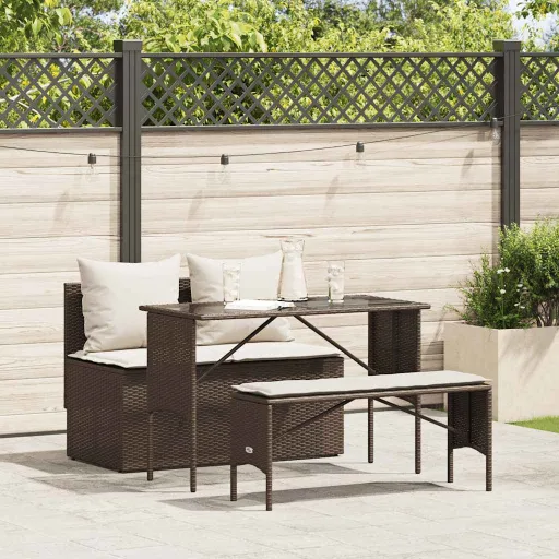 Conjunto Jantar p/ Jardim c/ Almofadões Vime PE Castanho (3 pcs)