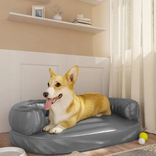 Cama p/ Cães Espuma Ergonómico 75x53 cm Couro Artificial Cinza
