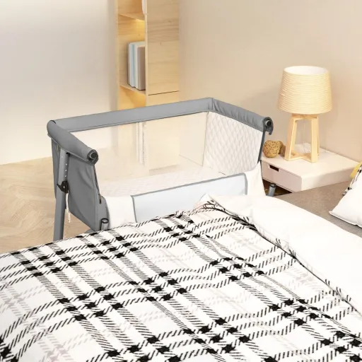 Cama de Bebé com Colchão Tecido de Linho Cinzento-Claro