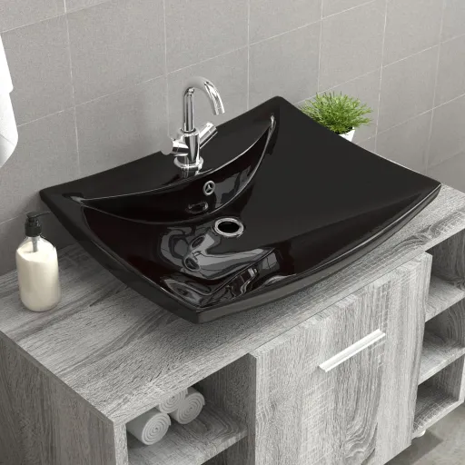 Lavatório Cerâmica Retang. Preto + Extravasamento + Orifício Torneira