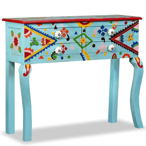 Mesa Consola Madeira Mangueira Maciça Azul Pintada à Mão