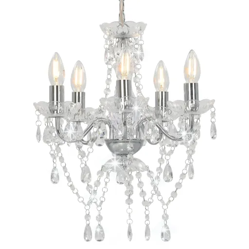 Lustre com Contas de Cristal Redondo Prateado 5 x E14