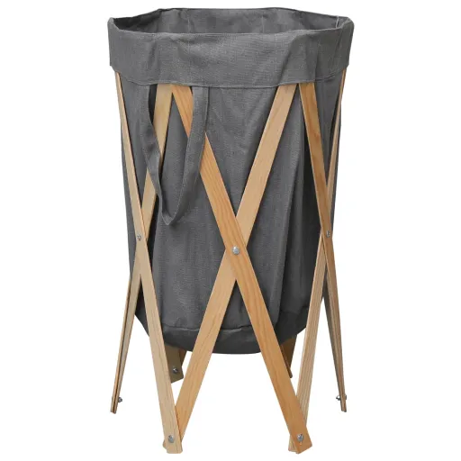 Cesto para Roupa Suja Dobrável Madeira e Tecido Cinzento