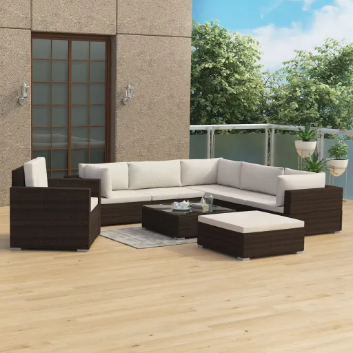 Conjunto Lounge Jardim c/ Almofadões Vime PE Castanho (8 pcs)