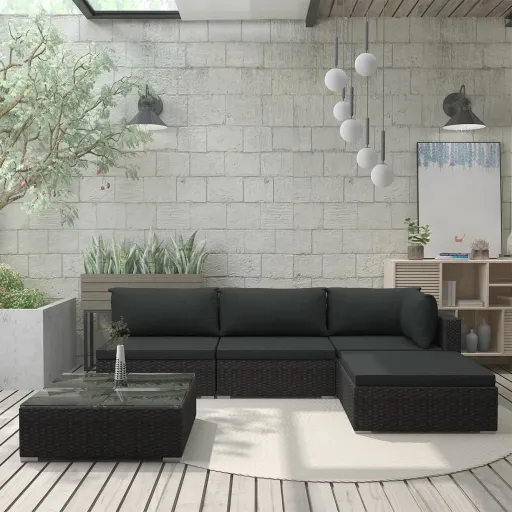 Conjunto Lounge de Jardim c/ Almofadões Vime PE Preto (5 pcs)