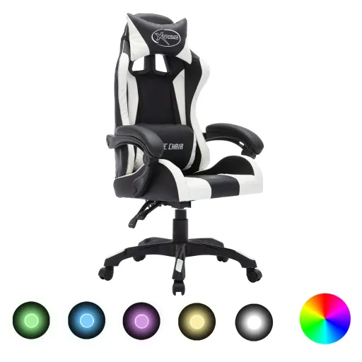 Cadeira Estilo Corrida Luzes LED RGB Couro Artif. Branco/Preto