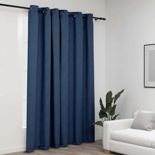 Cortina Opaca Aspeto de Linho com Ilhós 290x245 cm Azul