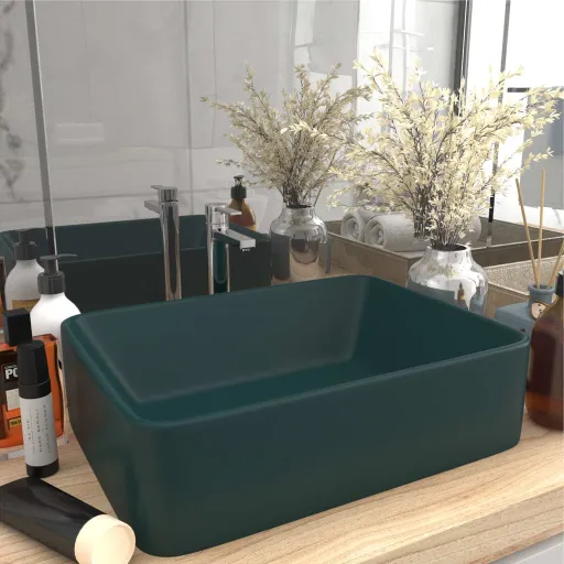 Lavatório Luxuoso 41x30x12 cm Cerâmica Verde-Escuro Mate
