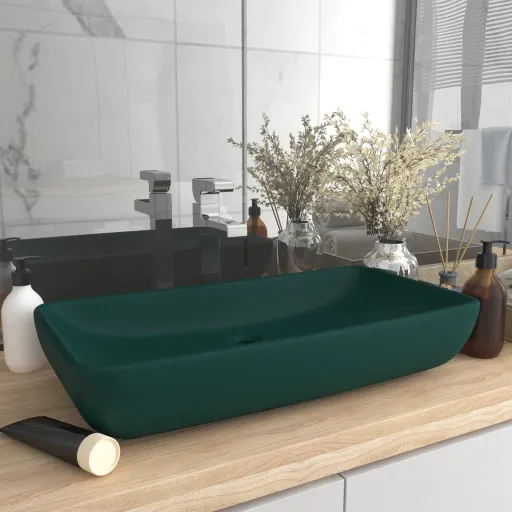 Lavatório Luxuoso Retangular 71x38cm Cerâmica Verde-Escuro Mate