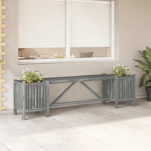 Banco de Jardim com 2 Vasos 150 cm Acácia Maciça Cinzento