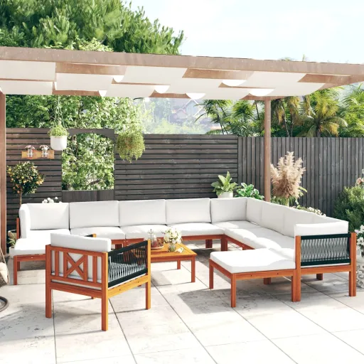 Conjunto de Lounge de Jardim  com 12 Peças e Almofadas em Madeira de Acácia Creme e Corda