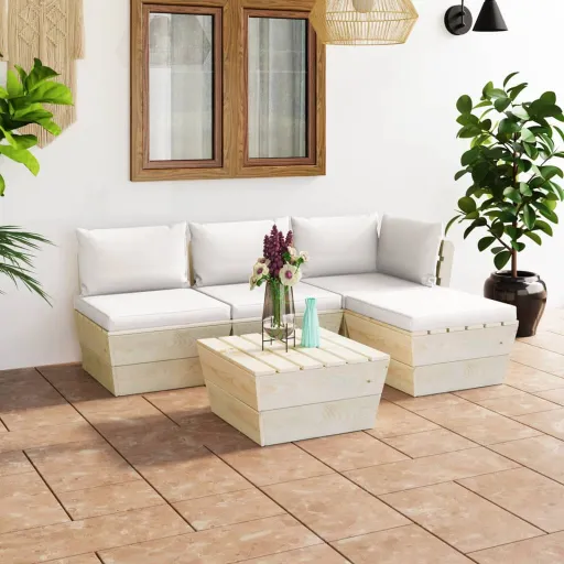 Conjunto Lounge de Paletes + Almofadões Madeira de Abeto (5 pcs)