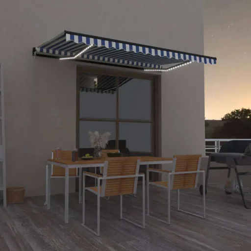 Toldo Retrátil Manual com LED 450x300 cm Azul e Branco