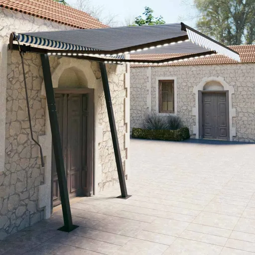 Toldo Retrátil Manual com LED 3x2,5 m Azul e Branco