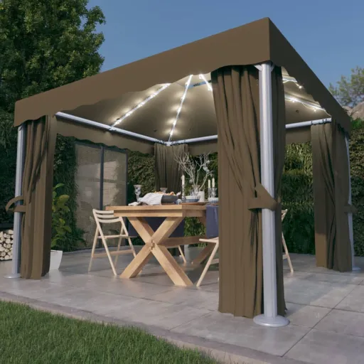 Gazebo com Cortinas e Cordões de Luzes LED 3x3 m Cinza-Acastan.