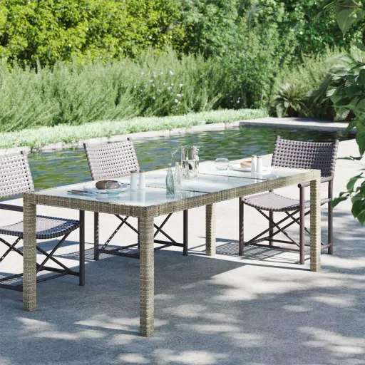 Mesa de Jardim 190x90x75 cm Vidro Temperado e Vime PE Cinzento