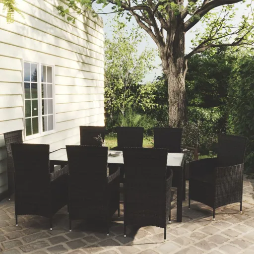Conjunto Jantar Exterior com Almofadões Vime PE Preto (9 pcs)