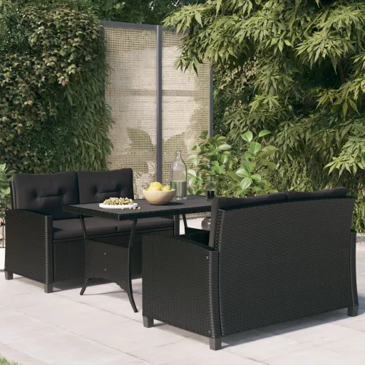 Conjunto de Jantar p/ Jardim c/ Almofadões Vime PE Preto (3 pcs)