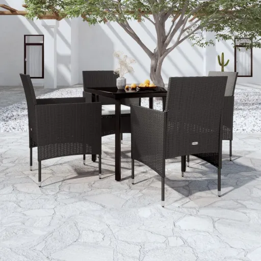 Conjunto de Jantar p/ Jardim c/ Almofadões Preto (5 pcs)