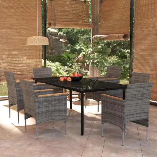 Conjunto de Jantar p/ Jardim c/ Almofadões Cinza e Preto (7 pcs)