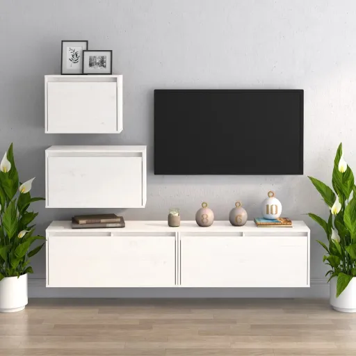 Móveis de TV   Madeira de Pinho Maciça Branco (4 pcs)