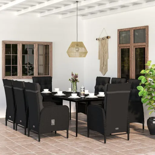 Conjunto de Jantar para Jardim com Almofadões Preto (9 pcs)