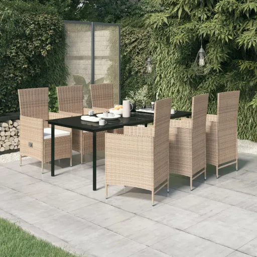 Conjunto de Jantar para Jardim com Almofadões Bege (7 pcs)