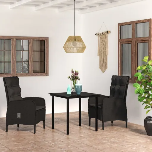 Conjunto de Jantar para Jardim com Almofadões Preto (3 pcs)