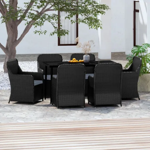 Conjunto de Jantar para Jardim com Almofadões Preto (7 pcs)