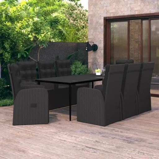 Conjunto de Jantar para Jardim com Almofadões Preto (9 pcs)