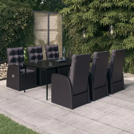 Conjunto de Jantar para Jardim com Almofadões Preto (7 pcs)