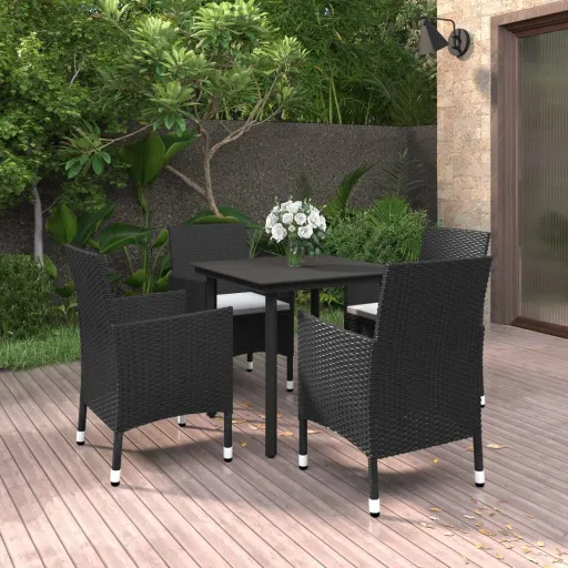 Conjunto de Jantar p/ Jardim c/Almofadões Vime PE e Vidro (5 pcs)