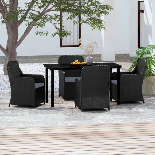 Conjunto de Jantar p/ Jardim c/ Almofadões Preto (5 pcs)