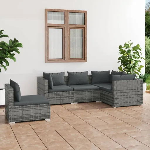 Conjunto Lounge de Jardim c/ Almofadões Vime PE Cinzento (5 pcs)