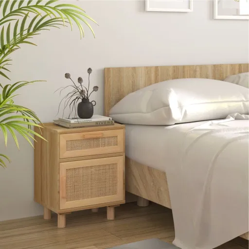 Mesa de Cabeceira Pinho Maciço e Vime Natural Castanho